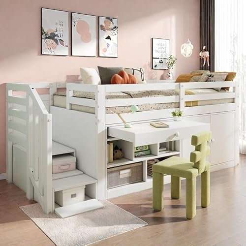 Sapgaks Lit superposé Enfant 90x200 tiroirs,lit cabane Enfants avec Rangement,lit Mezzanine 2 Places escalier,lit Enfant avec Barriere,lit Mezzanine escalier,lit superposé avec Bureau,Blanc
