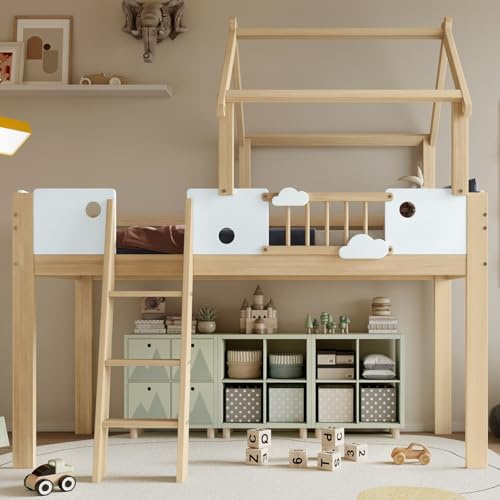 KOMHTOM 90 x 200 cm Lit Mezzanine, Lit Enfant en Bois avec Une Conception Unique de la Structure du Toit, Équipé d'une Barrière de Sécurité et d'une échelle(sans Matelas)
