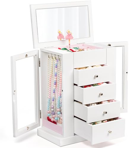 Emfogoo Boite a Bijoux Fille, 5 Niveaux Boîte à Bijoux Musicale Fille avec Danseuse en Rotation, Grande Boite a Musique Enfant en Bois pour enfants ans L'anniversaire de Cadeau (Blanc)
