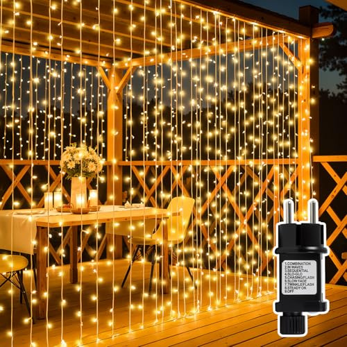 Focxoio LED Lichtervorhang 3×3m 300LED Lichterkette Vorhang Außen mit 8 Modi, Speicher und Timerfunktion, Wasserdicht Lichtervorhang Innen für Weihnachten Hochzeit Party Deko, Warmweiß