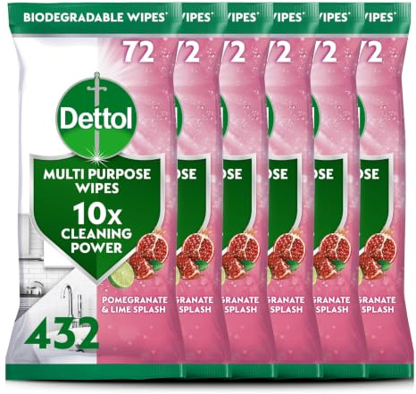 Dettol Antibacterial Multipurpose Disinfectant Wipes, Pomegranate Scent, 6 Pack of 72 (Total 432), Germ Protection, Surface Cleaner, Hygienic, Convenient, Fresh Fragrance