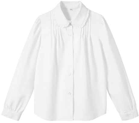 LOLANTA Blusa para Niñas de Manga Larga con Cuello Peter Pan y Volantes, Mezcla de Poliéster y Algodón, Camisa de Uniforme Escolar, Blanco (Cuello con Volantes), 9-10 años, 140