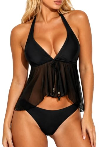 Coloquin Women Sexy Mesh Push Up Bikini Sets Two Piece Swimsuit Bathing Suits Beaded Swimwear Swimming Costume Black M