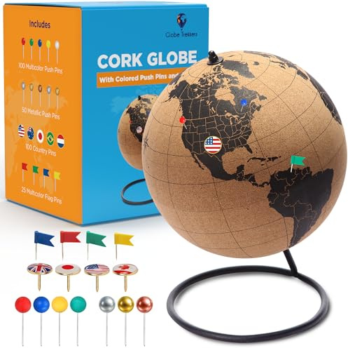Black Cork Globe with Push Pins - 7.9 Tall Globe with Map of the World and Rotating Stand for Adults, 100 Metallic and 100 Colored Push Pins - World Map for Home, Office, Travel