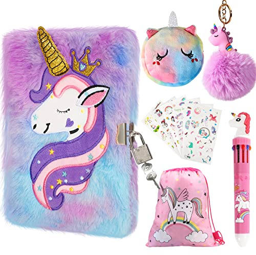homicozy Diario Secreto Niña, 11 Piezas Unicornio Libreta de Peluche con Candado, 160pp Doble-cara A5 Cuaderno con Bolígrafo Multicolores, Pegatinas, Regalo de Niña para 4 5 6 7 8 9 Años