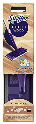 Swiffer WetJet Wood - Kit completo per scopa per legno, 5 salviette per legno, 1 detersivo liquido per legno, 4 batterie, soluzione progettata per pavimenti in legno finiti
