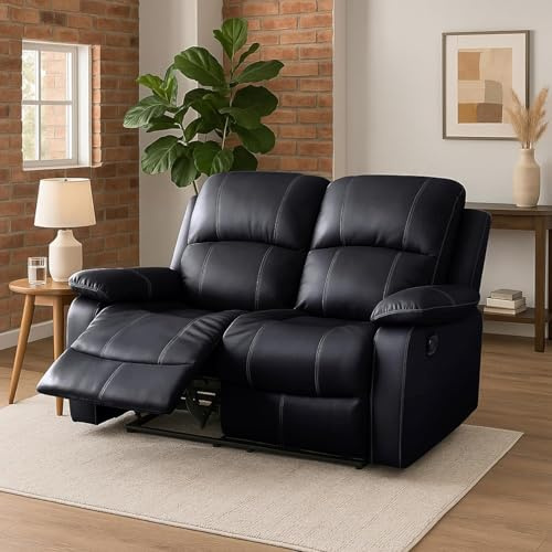 Bravich 2 Seater Recliner Sofa, Black Faux Leather Manual Reclining Couch with Padded Armrests & Footrest, Comfortable Living Room Lounge Sofa, 1 Year Guarantee
