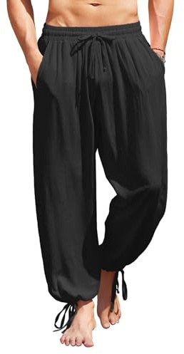 COOFANDY Men's Cotton Linen Pants Casual Yoga Harem Pants Beach Baggy Hippie Boho Trouserss Black