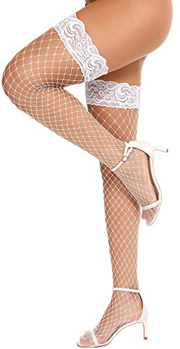 RSLOVE Women's Lace Top Fishnet Thigh-High Stockings with Antiskid Silicone Sexy Stay Up Tights Pantyhose White
