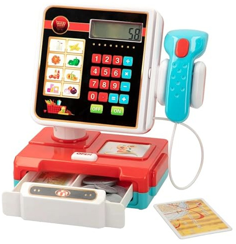 The Magic Toy Shop Kids Electronic Cash Register Toy - Working Calculator, Scanner Lights & Sounds, Play Money, Supermarket Fun - Grocery Shop Role Play, Toddlers, Learning Math, 3+