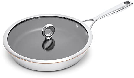 Olavson Kupferpfanne, Pfanne 26cm, Induktion, mit Deckel, Antihaft, PFOA-frei, Keramik verstärkt, Pfanne beschichtet, Bratpfanne, Spülmaschinenfest, Ofenfest, Edelstahl mit Kupfer bis zum Rand