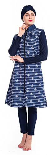 WOWDECOR Muslim Swimsuits for Women Full Coverage Islamic Modest Swimsuit Long Sleeve Burkini Navy Blue