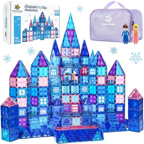 SUNNY AUNTIE Magnetic Tiles 110 PCS, Princess Castle Magnet Blocks, Toys for Girls, 3 4 5 6 7 8 Year Old Girl Birthday Gift Ideas, Magnetic Building Blocks + Zippered Carrying Case + 2 Dolls Gift