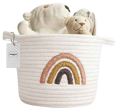 Inwagui Panier de Rangement Tissé Souple Panier Décoratif en Corde de Coton pour Maison, Chambre d'Enfant, Salle de Bain, Bureau, 20x25cm, Arc-en-ciel