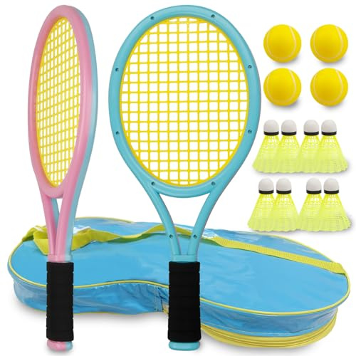 Ppbmocw El juego de volantes para niños incluye dos raquetas de tenis y ocho softball suave, adecuado para niños a partir de 3 años (azul y rosa)