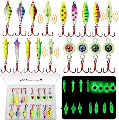 Dovesun 15PCS Rattling Glow Ice Fishing Spoons Kit for Bass, Crappie, Panfish, Perch, Trout, Walleye