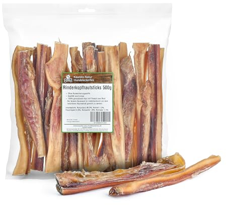 Kaureks Natur Hundeleckerlies, Rinderkopfhaut Sticks mit Fleisch 500g ca. 15 cm Kopfhaut Stangen für Hunde, wie schweineohren