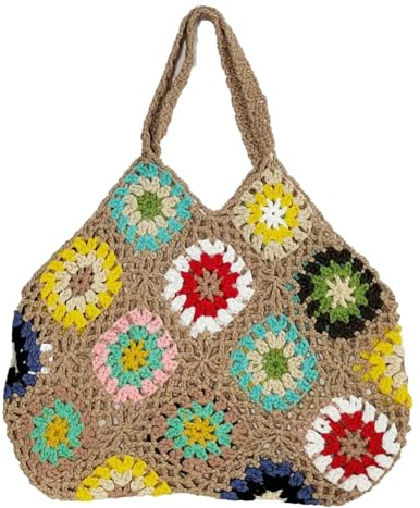 Borse all'uncinetto per le donne borsa a tracolla fatta a mano a maglia colorata estate Hobo Tote Woven Top Handle borsa vacanza, Cachi, Taglia unica