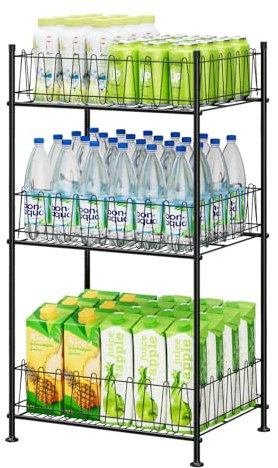 Water Bottle Organizer 3 Tier Water Bottle Holder Storage Rack Metal Drink Beverage Soda Can Organizer Shelf Stand for Floor Pantry Kitchen Classroom Food Storage, Black