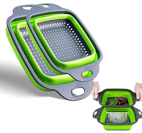 2 Pack Collapsible Colander Set, Square Silicone Foldable Filter Drain Baskets with Handles, Kitchen Strainer for Draining Pasta Vegetables Fruits, Silicone Colanders & Food Strainers, Green