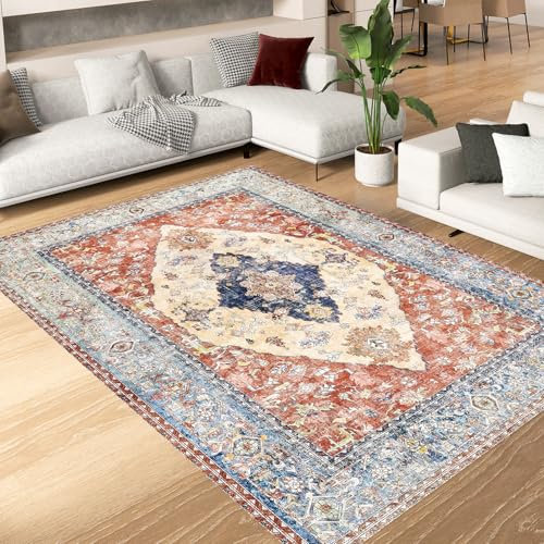 Alishomtll Teppich Wohnzimmer Schlafzimmer Waschbar Kurzflor Anti-Rutsch TPR Unterseite Langlebig Robuster Polyester Teppich Rechteckig Pflegeleicht, Vintage 120x170 cm