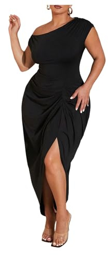 Floerns Women's Plus Size Asymmetrical Neck Long Dress Ruched Slit Hem Cocktail Dress Black XX-Large Plus