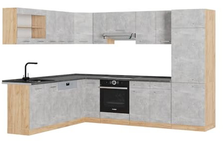 Vicco Hörnkök R-Line, betong/Goldkraft ek, 287 x 227 cm, AP Antracit, för flexibel köksplanering och individuell moduluppställning