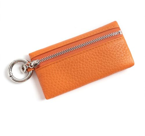 GreatRise Petit sac à clés à fermeture éclair - En cuir véritable - Mini porte-monnaie avec porte-clés et mousqueton - Pour homme et femme - Pour toutes les clés, pièce de monnaie - Orange