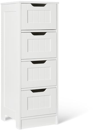 Amazon Basics Gabinete de Almacenamiento para Baño con 4 Cajones, Almacenamiento Bajo Lavabo, Construcción MDF, Blanco, 30cm x 30cm x 82cm