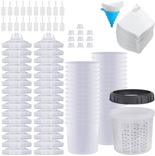 Ensemble de Godets Jetables pour Pistolets à Peinture HVLP et LVLP, 600ML Kit de Tasse de Mélange de Peinture comprenant 1 Godet Rigide avec Bague de Retenue, 30 Godets et Couvercles, 30 Filtres à Pei