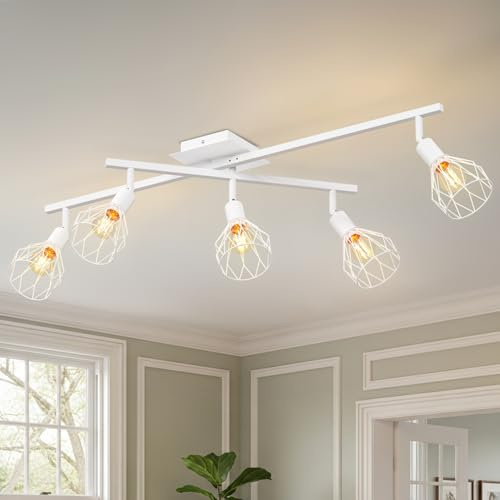 LVWIT 5-Way Adjustable Ceiling Spotlights, Industrial Kitchen Lights, E14 White Metal Spot Light Fitting for Living Room, Bedroom, Hallway – Bulbs NOT Included