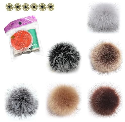 ATTEEFI 6 Pezzi Pompon in Pelliccia, Soffice Pon Pon per Cappello, 6 Colori Ponpon per Berretti, con Bottoni e Kit da Cucito per Cappelli, Sciarpe e Artigianato Fai-da-Te