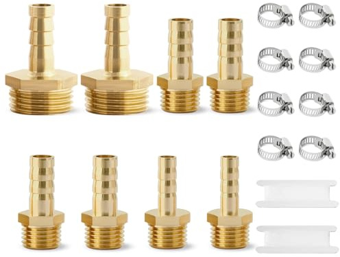 8Pcs Brass Hose Tail Josaton 1/4 and 1/2 BSP Male Thread Hose Connector | Hose Barb Fitting Set BSP Hosetail with Pipe Clamping for Air Water Fuel