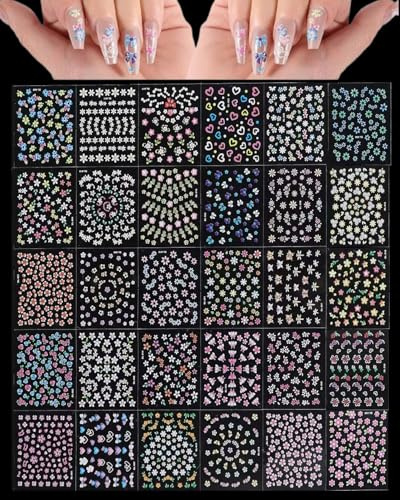 BIRLOZA 30 Feuilles d'Autocollants pour Ongles Aurora, Autocollants 3D Auto-adhésifs Fleurs, Lune, Étoiles, Feuilles et Cœurs pour Décoration DIY Ongles Acryliques