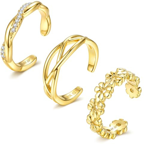 Morfetto Set de 3 Anillos para Pies Ajustables para Mujer Rellenos de Oro de 14K Diseño Abierto con CZ Flor y Ópalo Resistentes al Deslustre Joyería de Verano para Playa