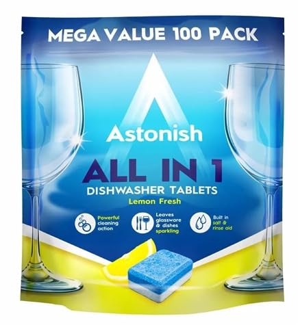 Astonish All In 1 Powerful Cleaning Dishwasher Tablets with Salt and Rinse Aid, Mega Pack of 100 Tablets, Lemon Fresh