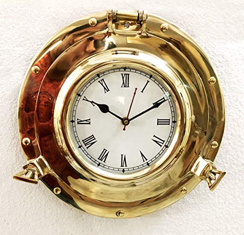 Antico Marino Massiccio Ottone Lucido Nave Oblò Analogico Orologio Da Parete Nautico Appeso Orologio