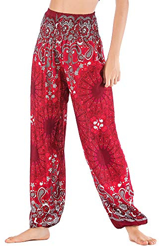 Nuofengkudu Damen Haremshosen High Waist Hippie Muster Baumwolle Pumphosen mit Taschen Leicht Weite Luftige Stoffhose Yogahose Sommerhose Strandhose(Einheitsgröße,Rot Blume)