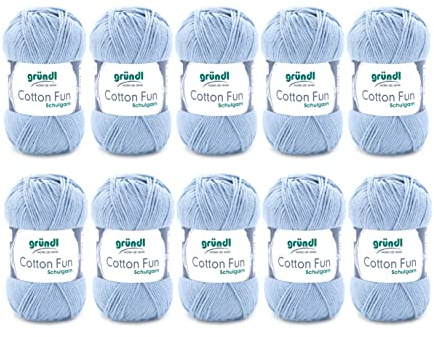 Gründl Cotton Fun (algodón para ganchillo, juego de ganchillo, hilo suave de algodón 100%, certificado OEKO-TEX, 50 g/115 m, tamaño de aguja: 3-4, 10 ovillos de 50 g), bebe azul