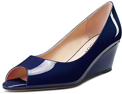 Aachcol Femmes Compensé Bloc Chunky Mi Talon Heel Escarpins Slip-on Ouvert Bout Dress Chaussures Bureau Party Vernis Bleu Marine 5 CM 45 EU