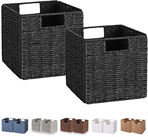 Vagusicc -Juego de 2 cestas de almacenamiento de mimbre, tejidas, plegables, con asas, pequeñas, 22,8 cm, para estantes, organizar el dormitorio de la despensa, color negro