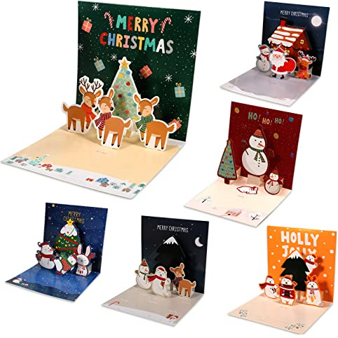 Cartoline di Natale, 6pcs Biglietti Auguri Natale 3D, Biglietto di Natale Pop-Up, Regalo Natale Cartoline, Auguri Natalizio Carte, Biglietti di Natale con Buste e Adesivi