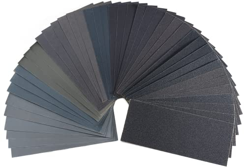 Carehabi Juego de 42 piezas de papel de lija, papel de lija húmedo y seco fino 120-3000 Papel de lija para metal, coche, muebles de madera, piedra, barniz, vidrio, 23 x 9,5 cm