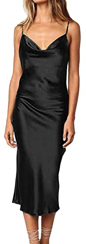 xxxiticat Abito da donna senza maniche, con spalline sottili, in raso, per cocktail, spiaggia, sera, feste, cowl collo, Z-nero, M
