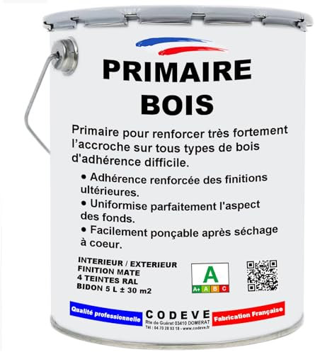 Primaire Bois - Codeve Bois/Ral 9010 - Blanc Pur - 5 L - Intérieur/extérieur - Pour Renforcer L'adhérence Sur Votre Bois Avant Une Finition.