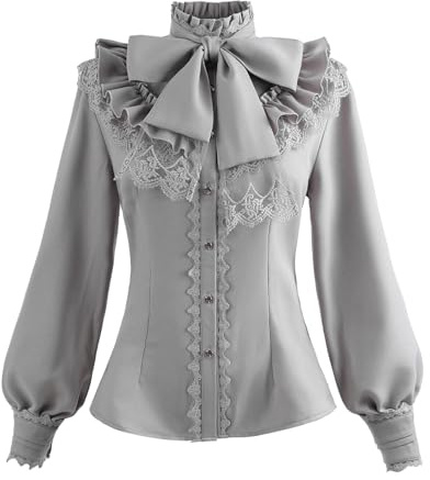 Fiamll Camicia Vittoriana da Donna, in Stile Gothic, Vintage, con Colletto Alto, a Maniche Lunghe, Steampunk, Renaissance, per Halloween, Carnevale, Festa in Maschera, grigio., M