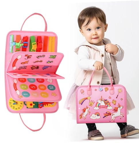 EVERGD Busy Board Montessori Toy for Toddler, 3-Layer Pink Unicorn Educational Activity Sensory Board Preschool Learning Fine Motor Skills Toys, Travel Toy for Plane Car, Gift for Girls 1 2 3 4 Years