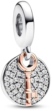 PANDORA Moments Bicolor Schlüssel zum Glück Doppelter Charm-Anhänger aus Sterling Silber mit rosévergoldeter Metalllegierung, Kompatibel Moments Armbänder, 783236C01
