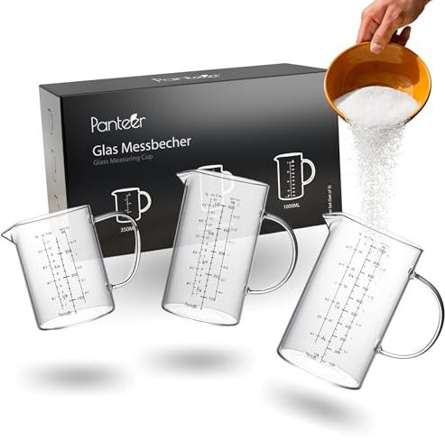 Panteer ® Messbecher Glas Set - 3 Stück - Hochwertige Handarbeit - Extrem Hitzebeständig bis 150 Grad - Geeignet bis minus 20 Grad - 1L, 500ml, 350ml - 2024