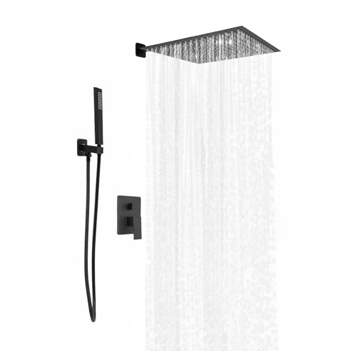 Système de douche encastré avec douche à effet pluie de 40 x 40 cm, kit complet de douche encastré avec pommeau de douche à effet pluie et douchette à main noir